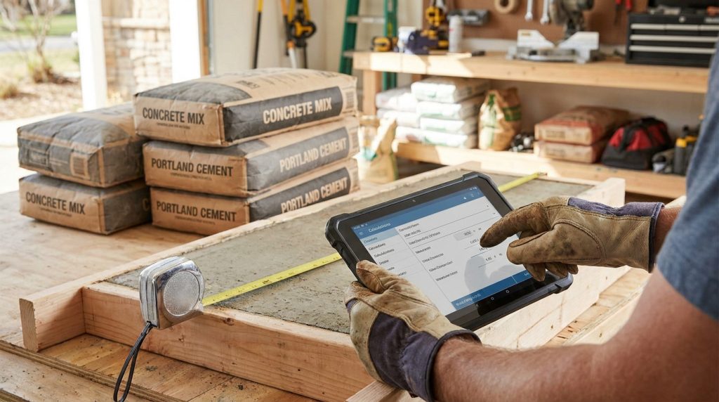 Un ouvrier utilise une tablette pour calculer la quantité de béton nécessaire près de sacs de ciment.
