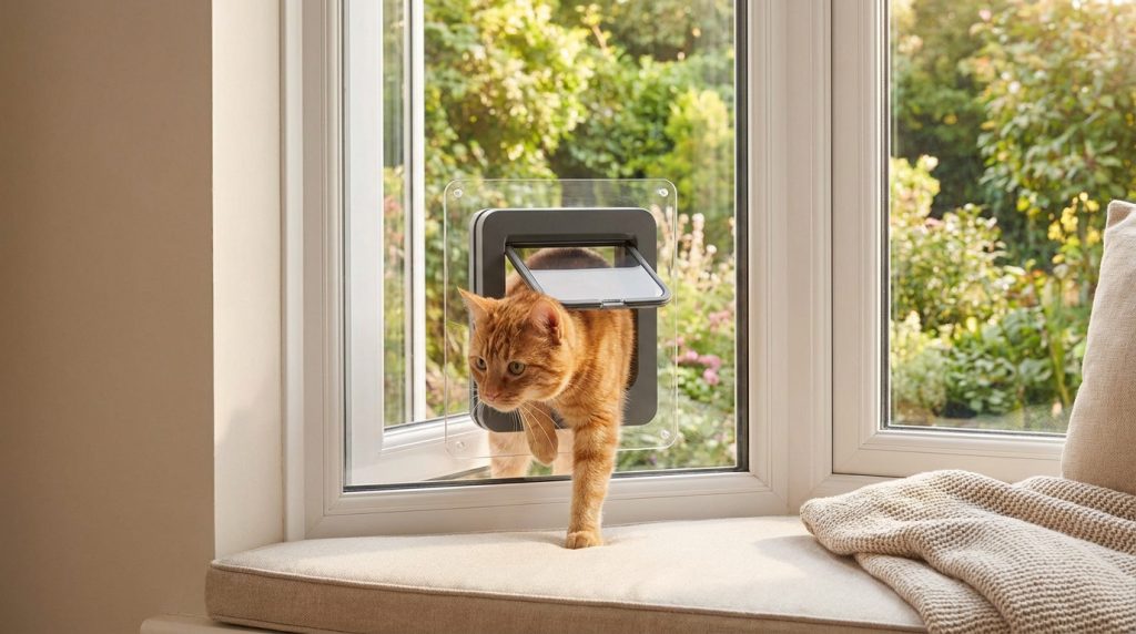 Un chat roux passe par une chatière installée sur une vitre sans perçage.
