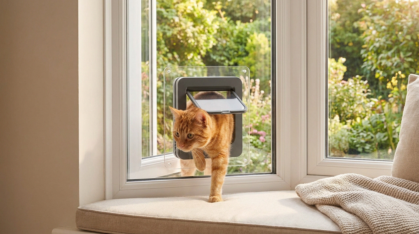 Un chat roux passe par une chatière installée sur une vitre sans perçage.