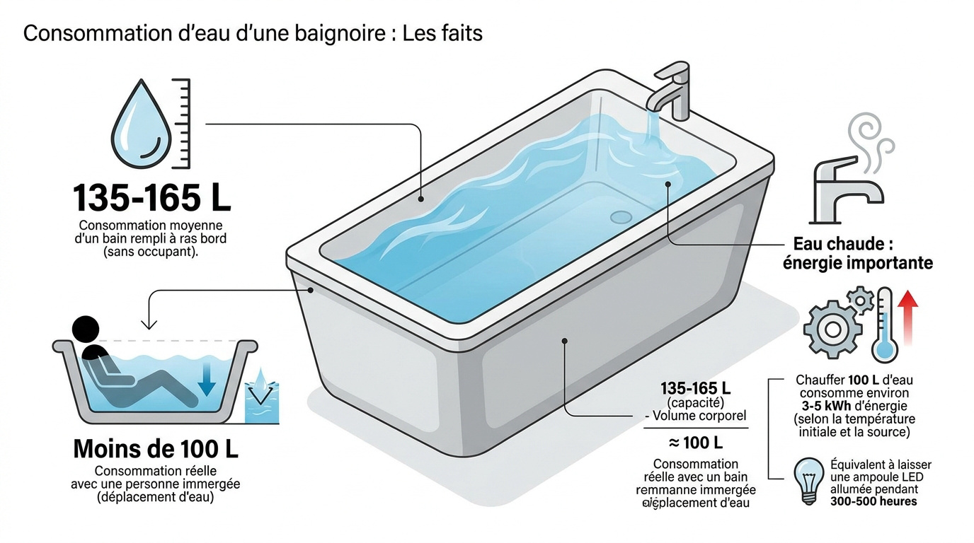 Schéma illustrant la consommation d'eau moyenne d'une baignoire rectangulaire standard