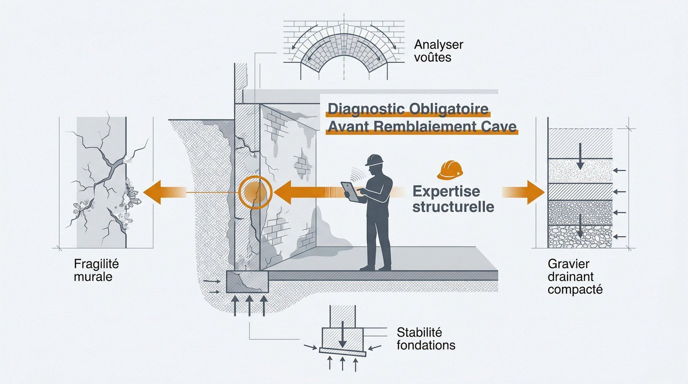 Expertise structurelle d'une cave ancienne avant travaux de remblaiement