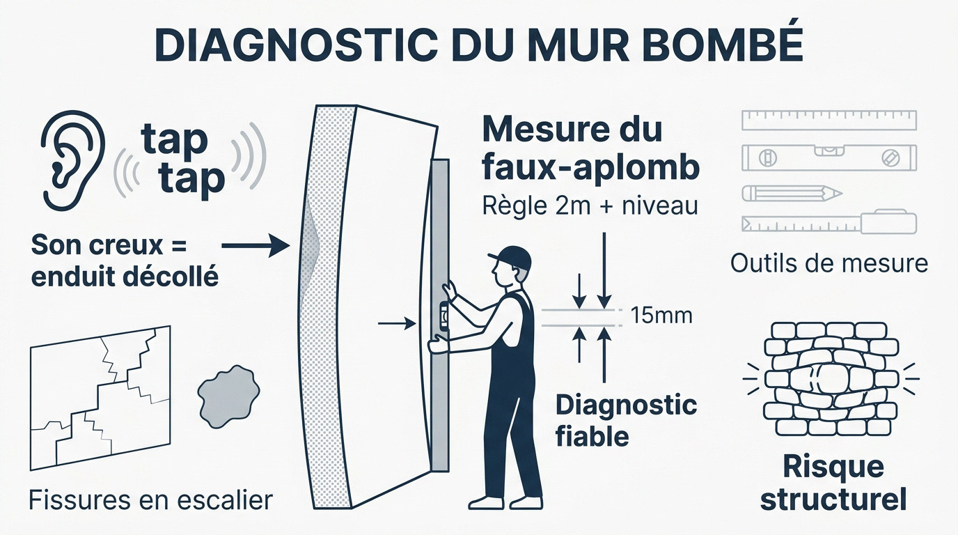 Mesure de l'aplomb d'un mur bombé avec une règle de maçon et un niveau