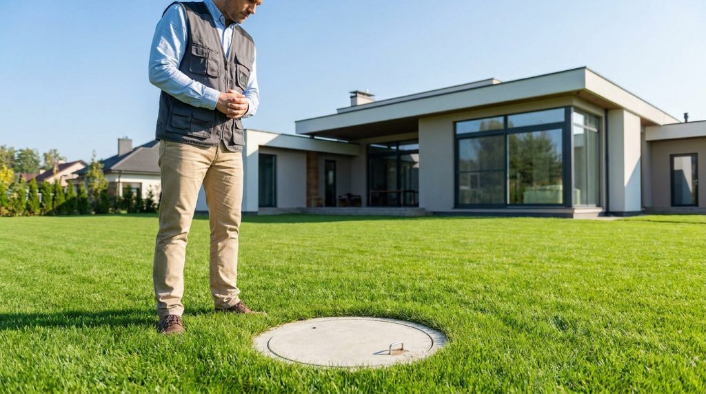 Un professionnel inspecte le couvercle d'une fosse septique sur une pelouse devant une maison moderne.
