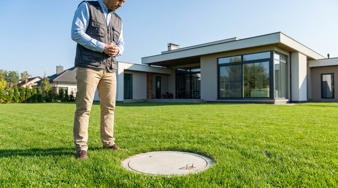 Un professionnel inspecte le couvercle d'une fosse septique sur une pelouse devant une maison moderne.
