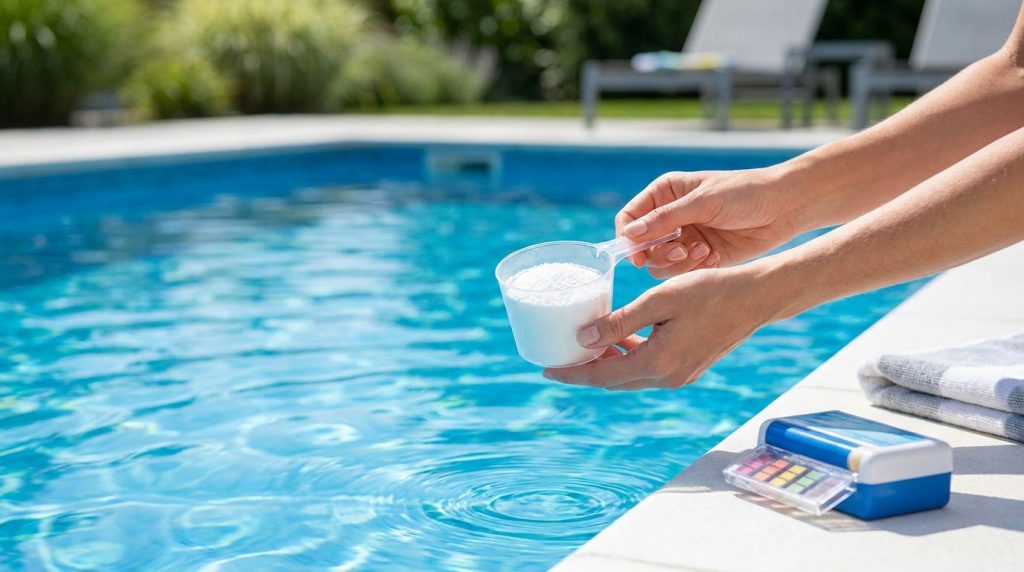Une personne tenant une mesurette de poudre de chlore choc au-dessus de l'eau d'une piscine.