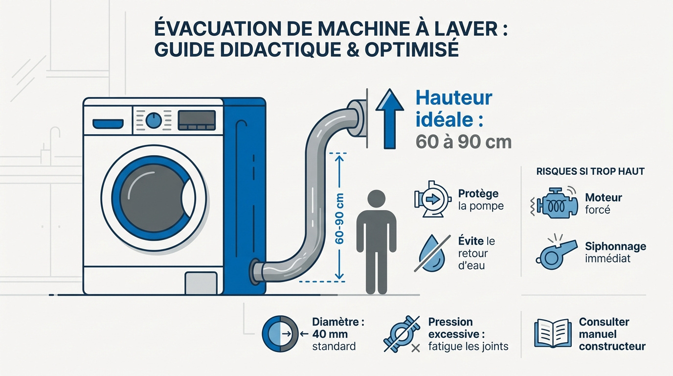 Schéma d'installation d'une évacuation de machine à laver respectant les hauteurs standards