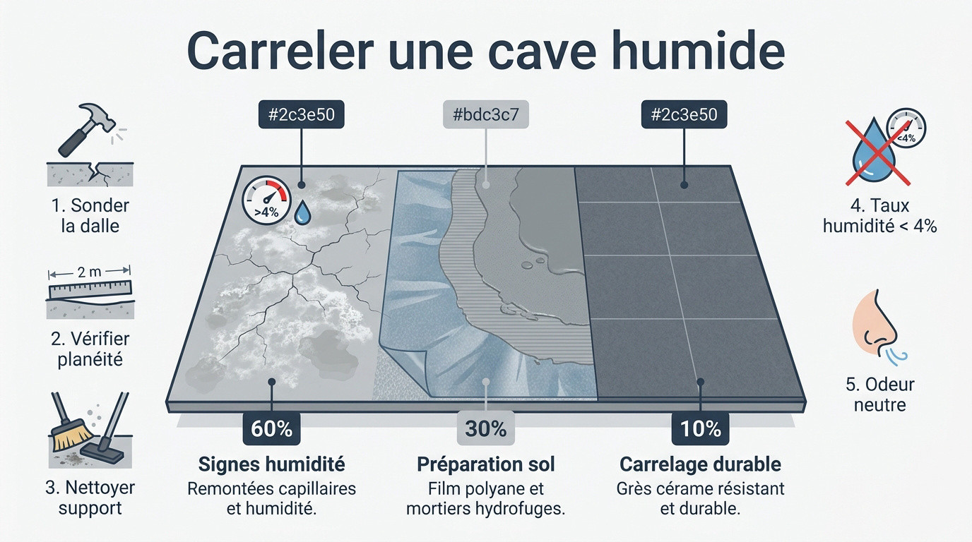 Pose de carrelage dans une cave avec traitement de l'humidité