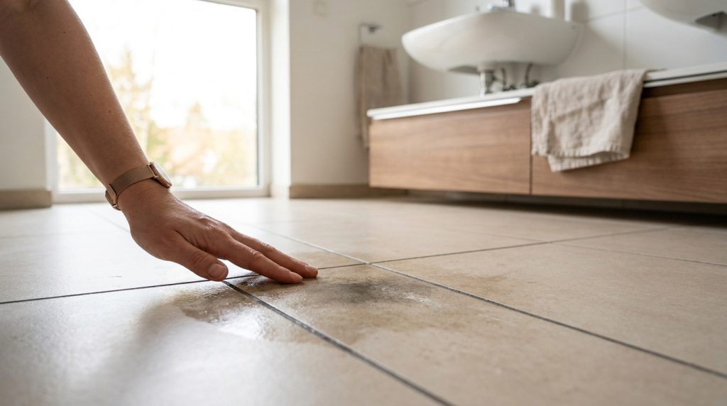 Une main touche une tache d'humidité sur le sol carrelé d'une salle de bain.