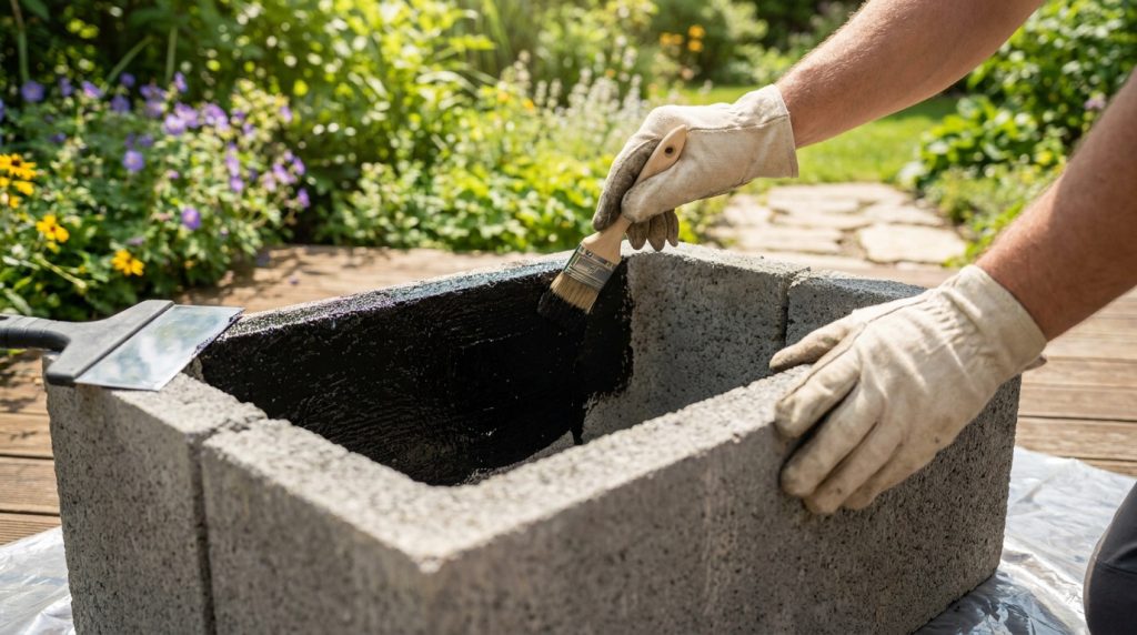 Une personne gantée applique un enduit d'étanchéité noir à l'intérieur d'une jardinière en parpaing au jardin.