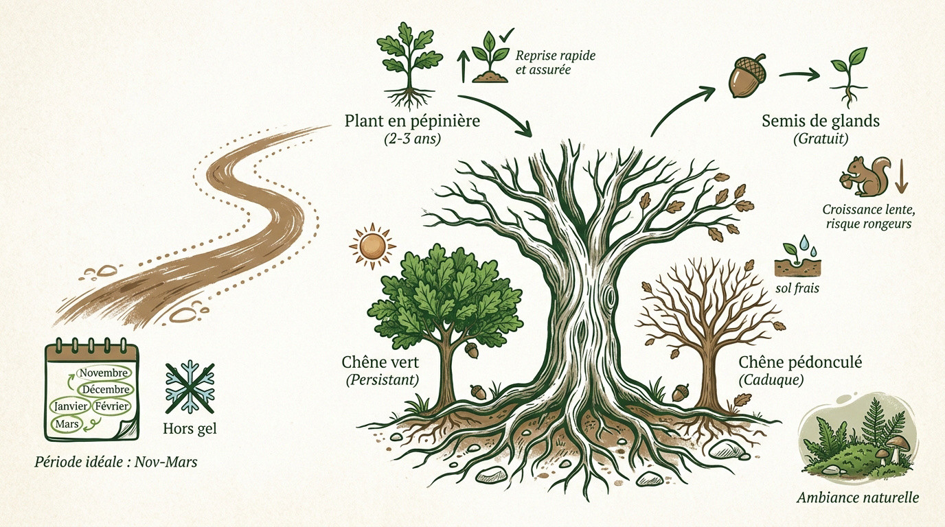 Infographie expliquant les étapes de plantation et la croissance d'un chêne