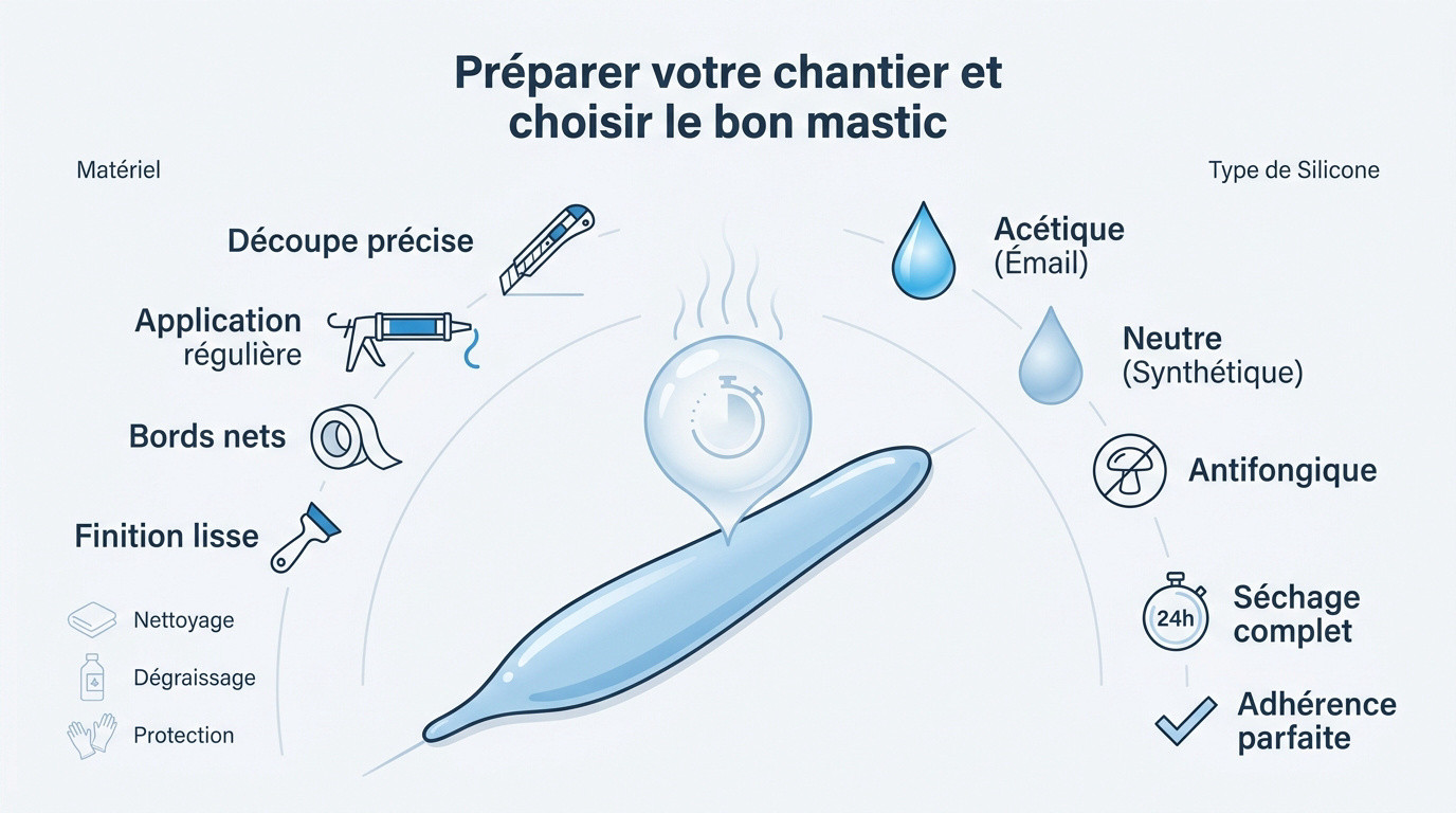 Infographie détaillant le matériel et les types de silicones pour joints de baignoire