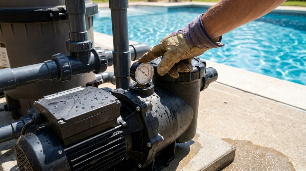 Main gantée vérifiant le manomètre sur une pompe de filtration de piscine avec la piscine en arrière-plan.
