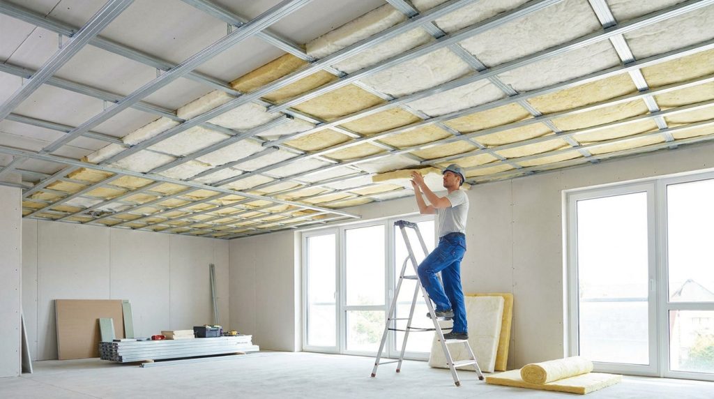 Artisan sur un escabeau installant de l'isolant dans une structure métallique de plafond suspendu M48.