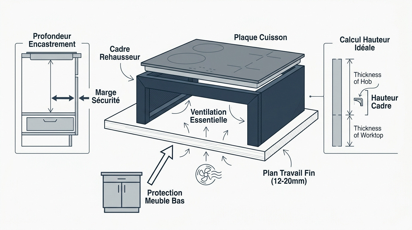 Installation d'une plaque de cuisson avec un cadre de compensation en inox sur un plan de travail fin