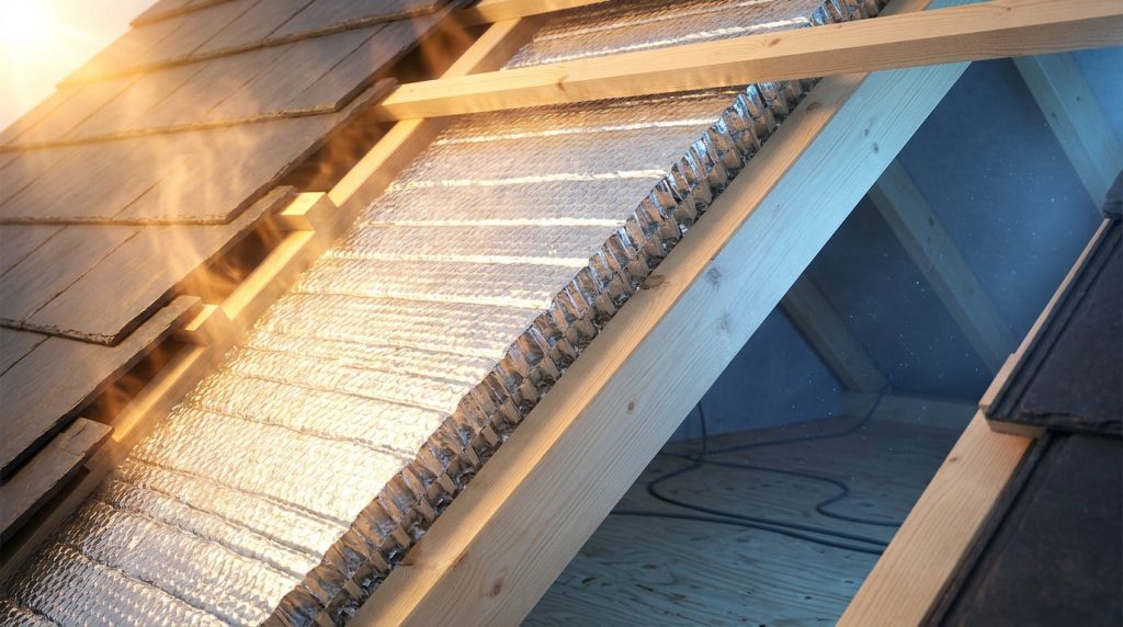 Vue en coupe d'une toiture en construction montrant l'installation d'un isolant multicouche réfléchissant Triso Super 12.