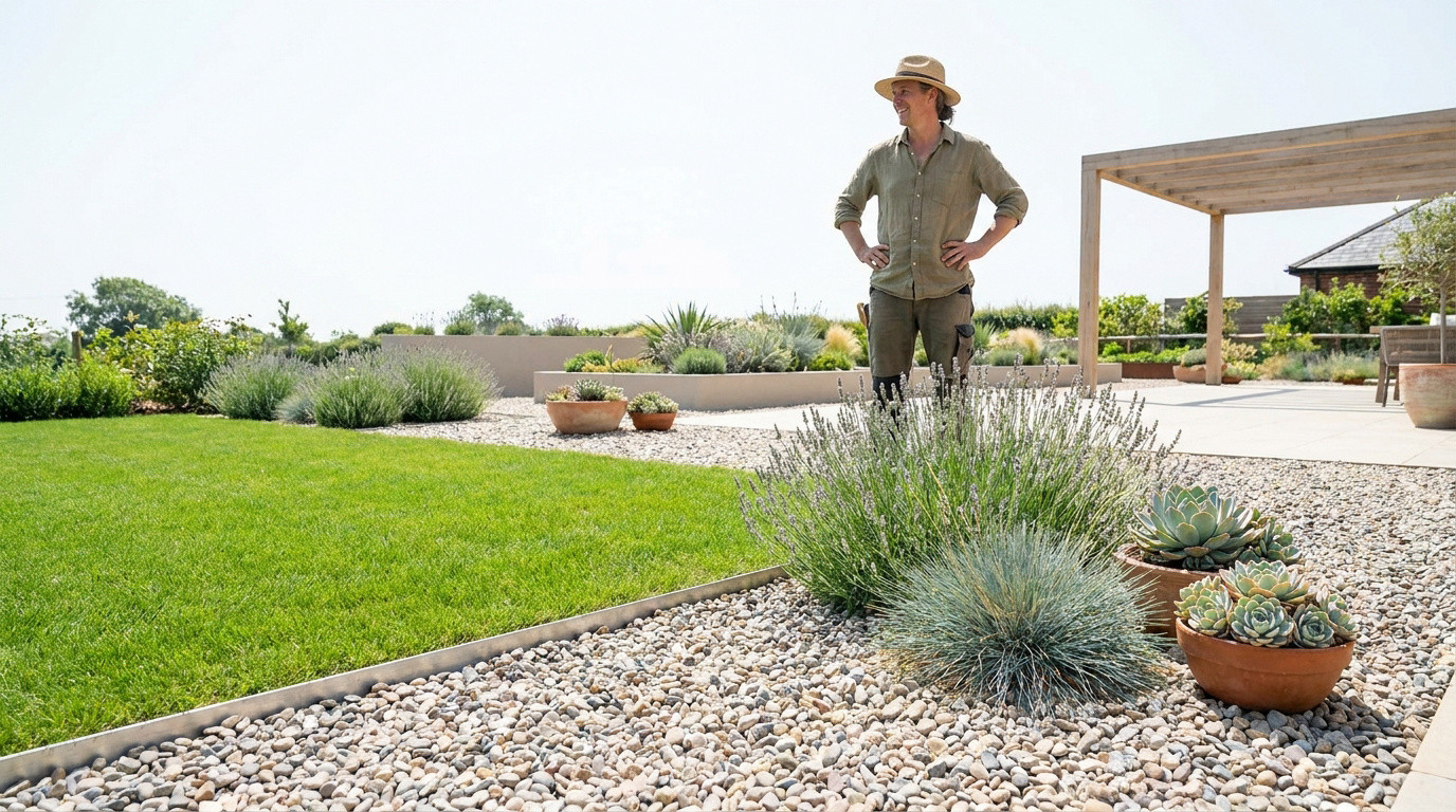 Un homme avec un chapeau debout dans un jardin moderne mêlant zones de gravier, plantes succulentes et pelouse.