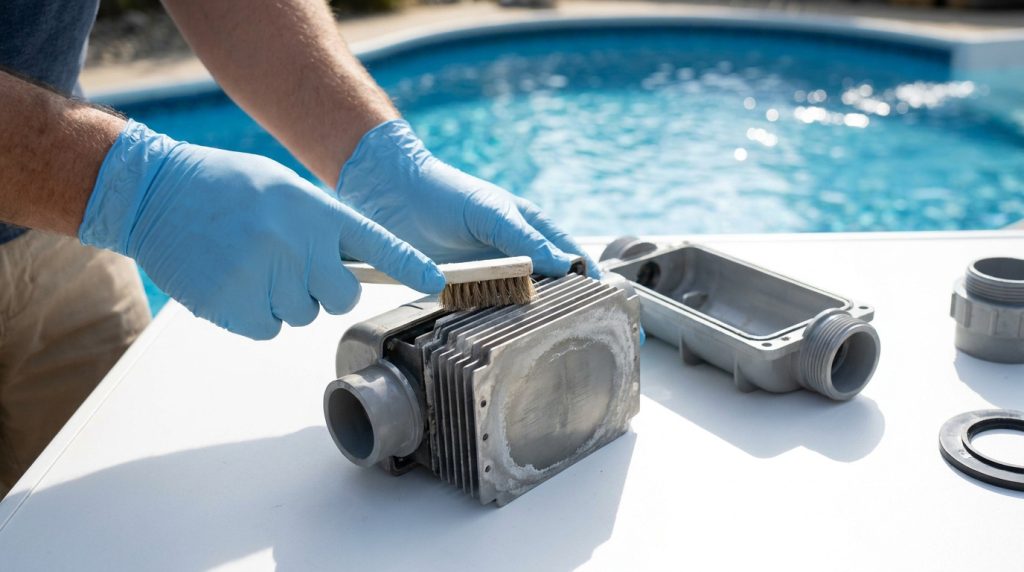 Une personne portant des gants bleus nettoie une cellule d'électrolyseur de piscine avec une brosse devant une piscine.