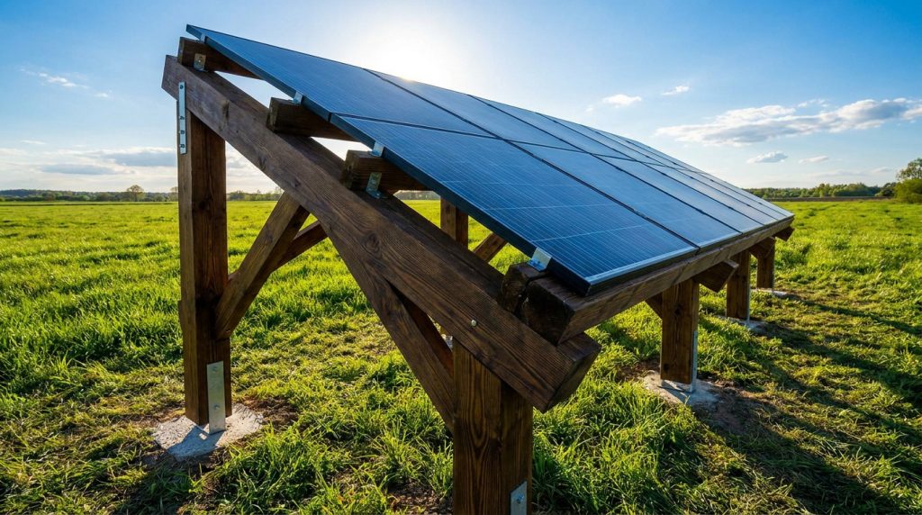 Panneaux solaires fixés sur une structure en bois solide installée dans une prairie sous un ciel ensoleillé.