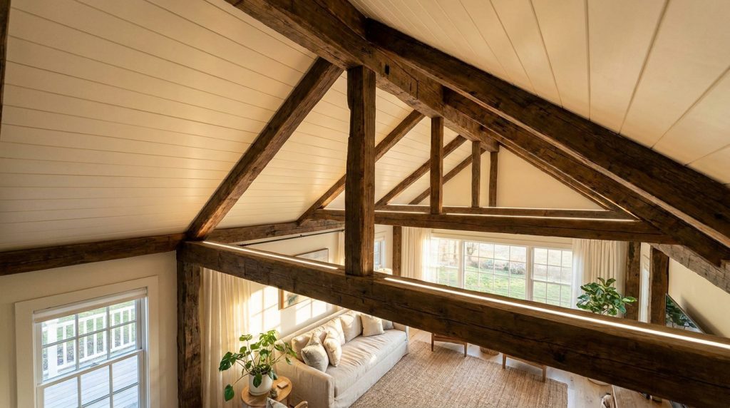 Vue en plongée d'un salon avec plafond mansardé en lambris blanc et structure en bois ancien massif.