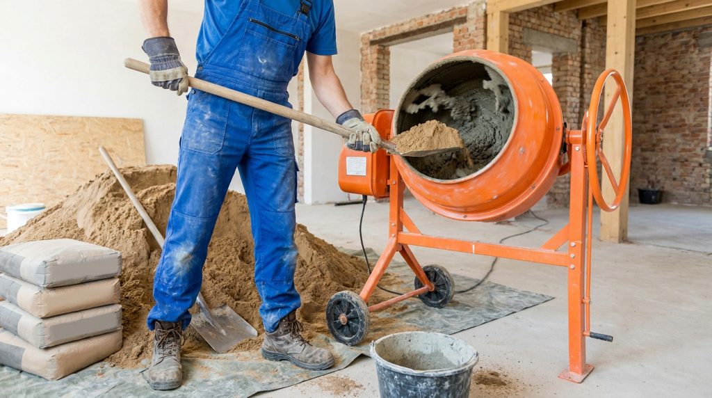 Ouvrier en bleu de travail utilisant une pelle pour verser du sable dans une bétonnière orange sur un chantier.