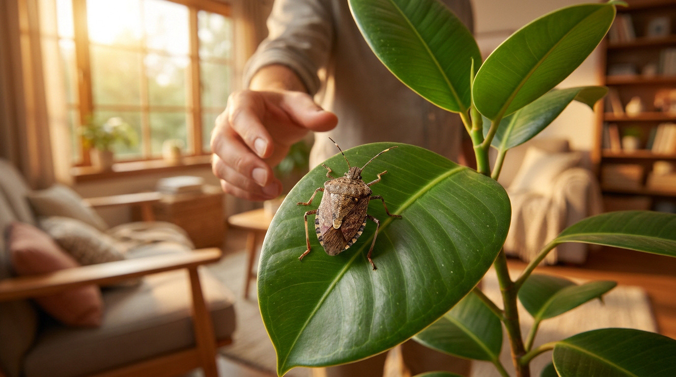 Une punaise marron posée sur une feuille de plante d'intérieur avec une main humaine s'en approchant doucement.
