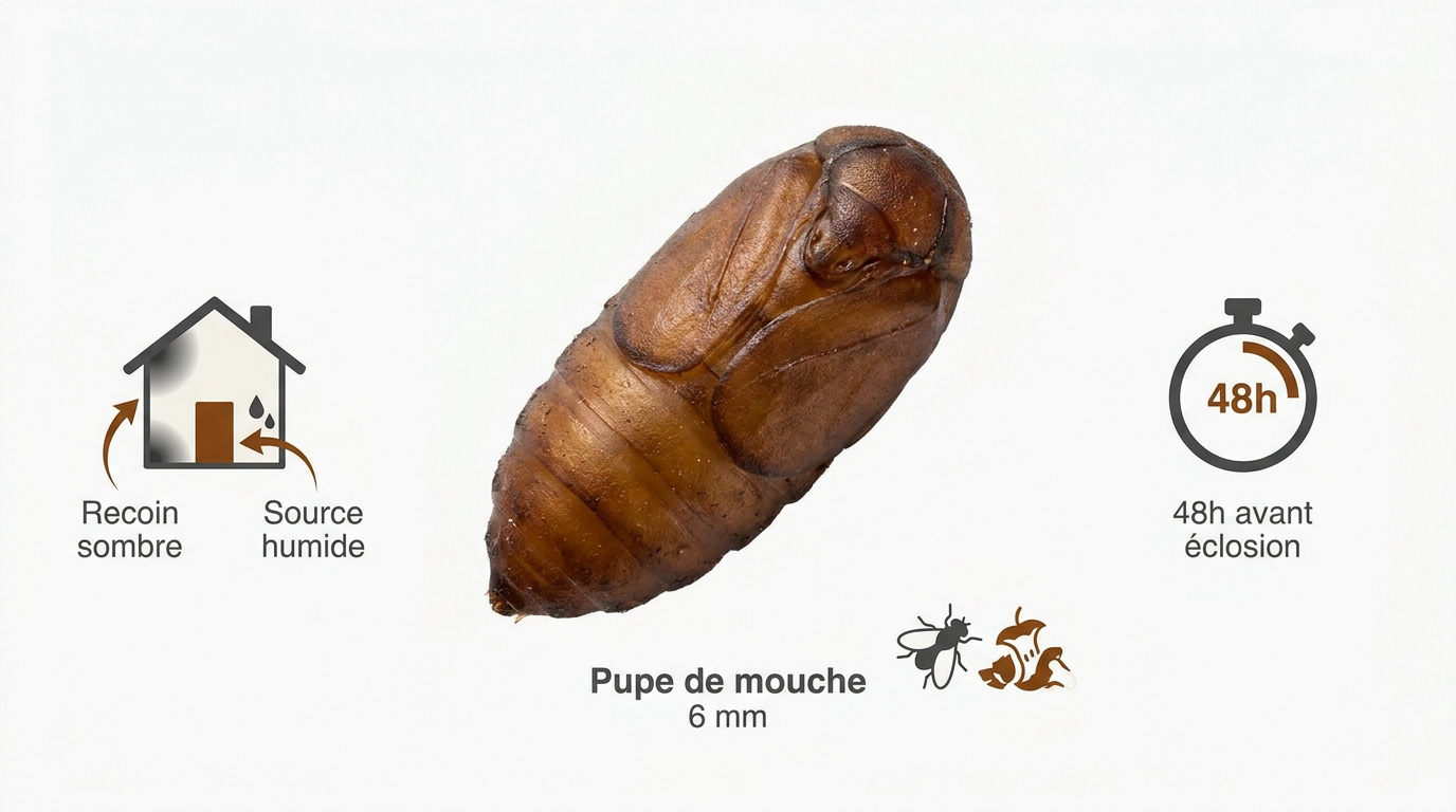 Cycle de vie de la mouche et apparence des pupes brunes dans la maison