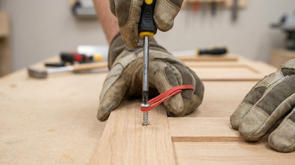 Mains avec gants de travail utilisant un tournevis et un élastique rouge pour retirer une vis bloquée dans du bois.