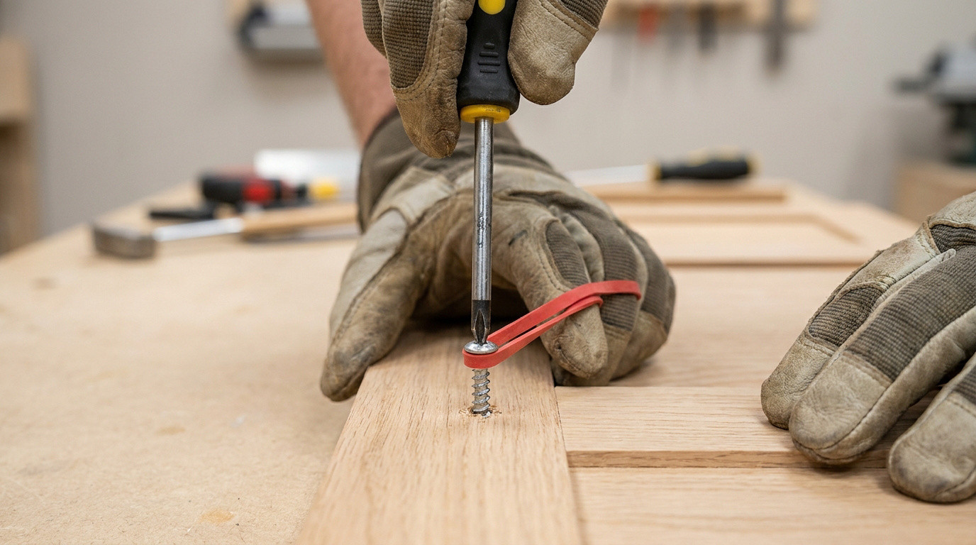 Mains avec gants de travail utilisant un tournevis et un élastique rouge pour retirer une vis bloquée dans du bois.