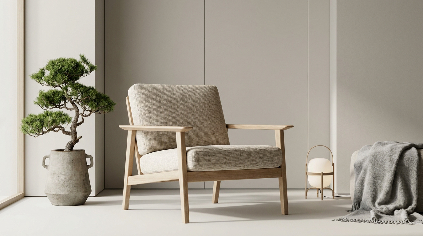 Salon au style Japandi épuré avec bois clair et plantes vertes