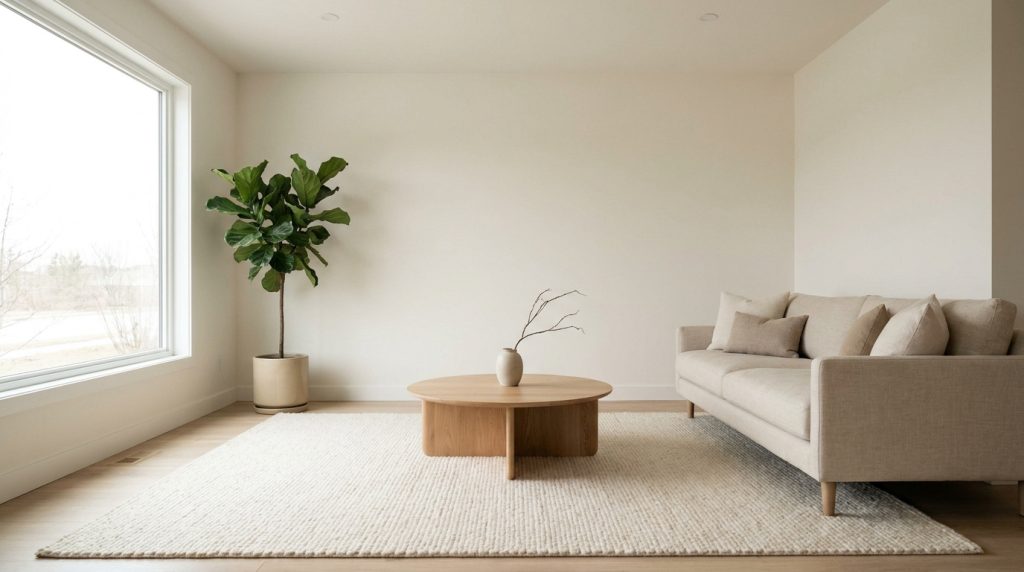 Salon minimaliste Japandi avec canapé beige, table basse ronde en bois et plante verte sur un tapis texturé.
