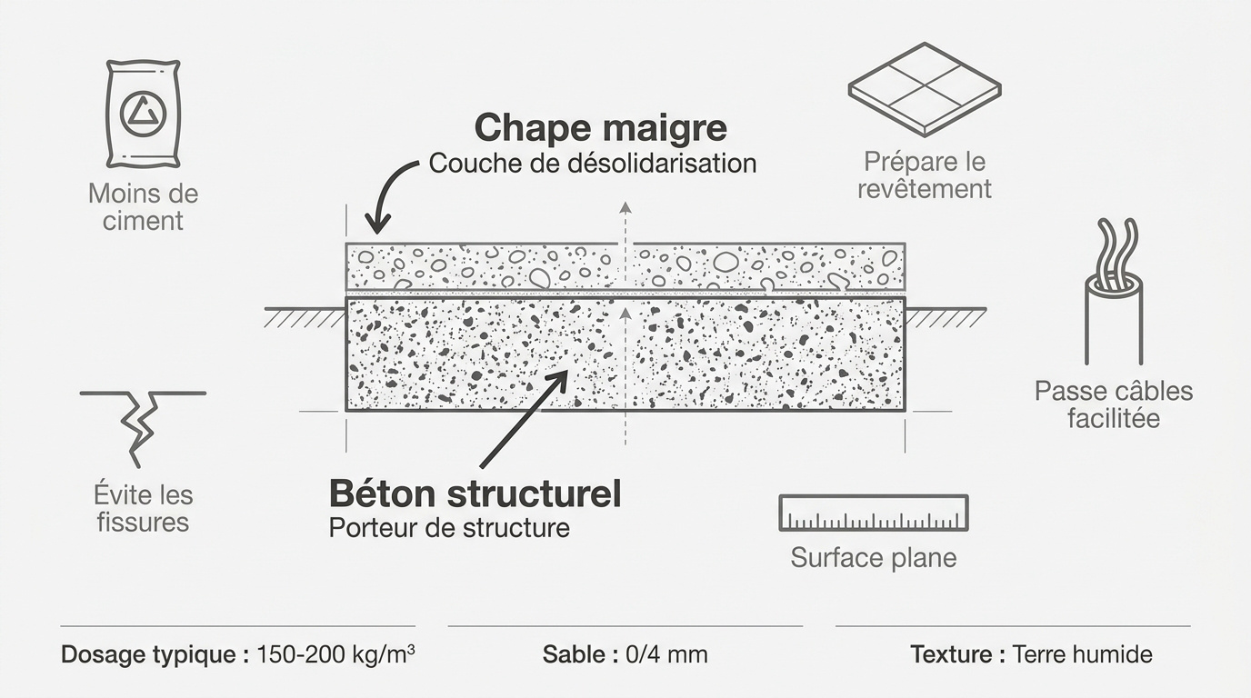 Schéma comparatif entre une chape maigre de carreleur et une dalle en béton structurel