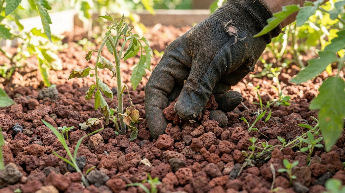 Une main gantée touche de la pouzzolane autour d'un plant de tomate fragilisé dans un jardin.