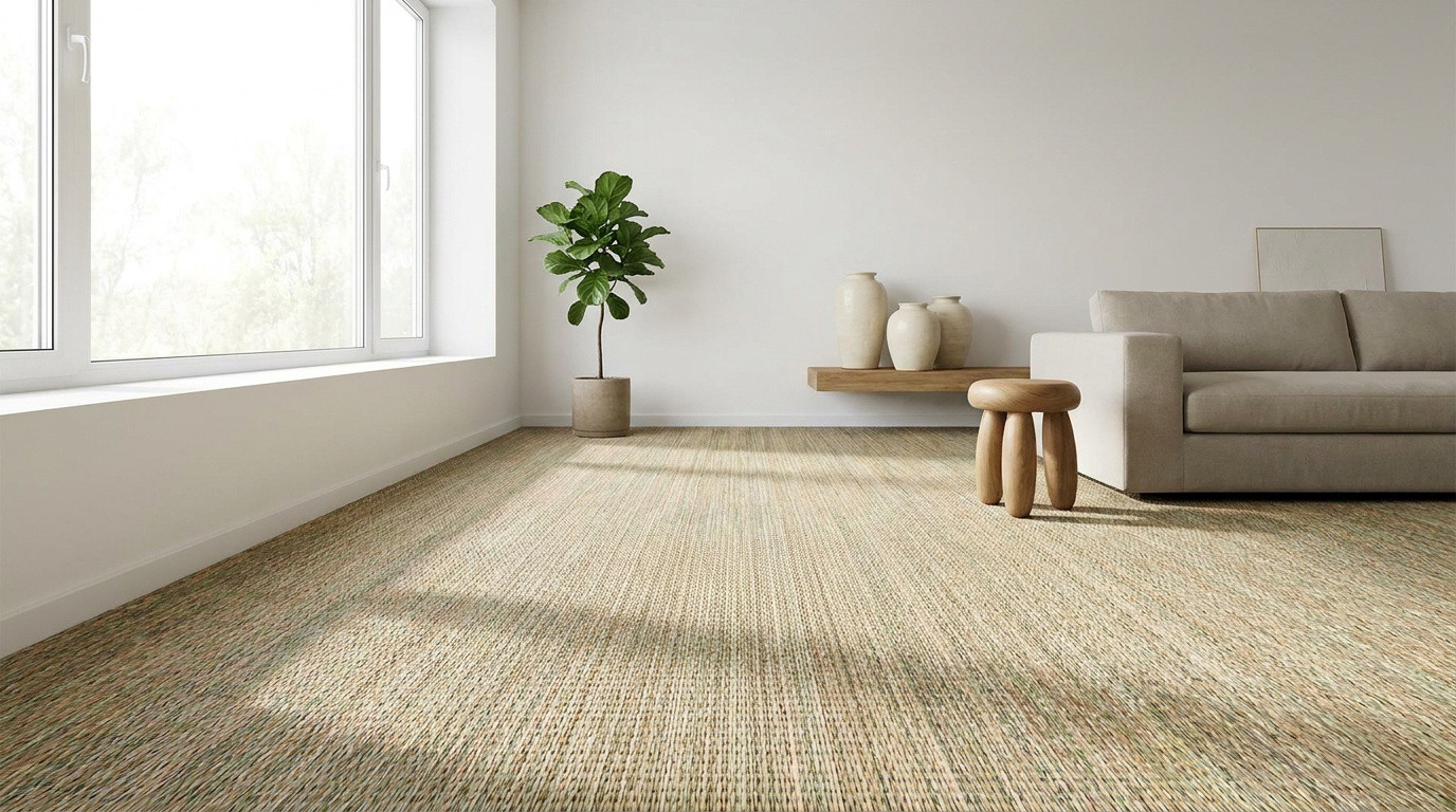 Un salon lumineux avec un sol en jonc de mer texturé, un canapé beige, une plante verte et une décoration minimaliste.