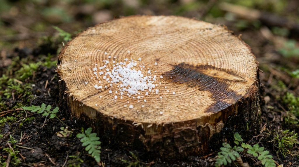 Une souche d'arbre coupée avec un tas de gros cristaux de sel déposés sur sa surface plane pour empêcher sa repousse.