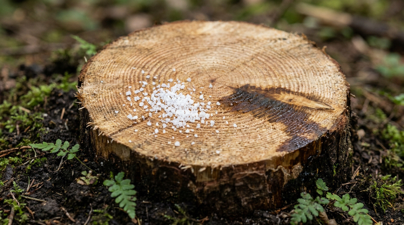 Une souche d'arbre coupée avec un tas de gros cristaux de sel déposés sur sa surface plane pour empêcher sa repousse.