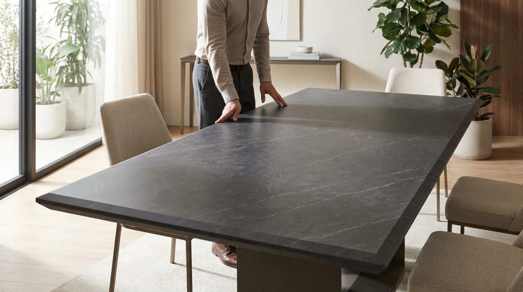 Un homme ajuste une grande table à manger en céramique noire texturée avec un effet marbré dans une salle à manger moderne.