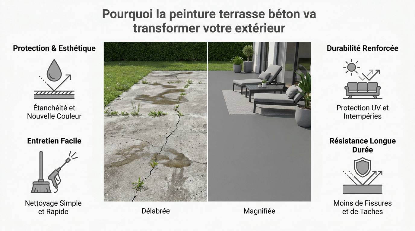 Terrasse en béton moderne après application d'une peinture protectrice grise