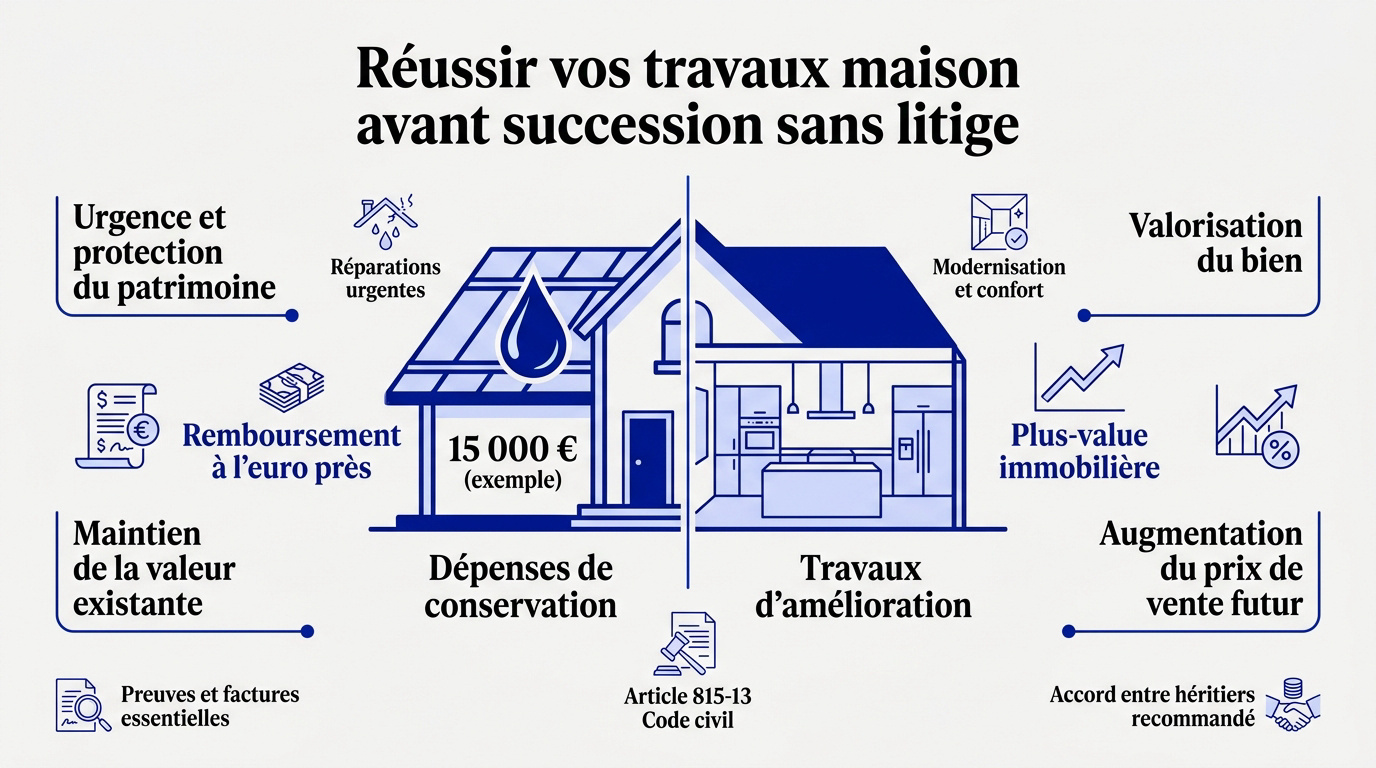 Expert vérifiant des factures de travaux pour une succession immobilière sans conflit