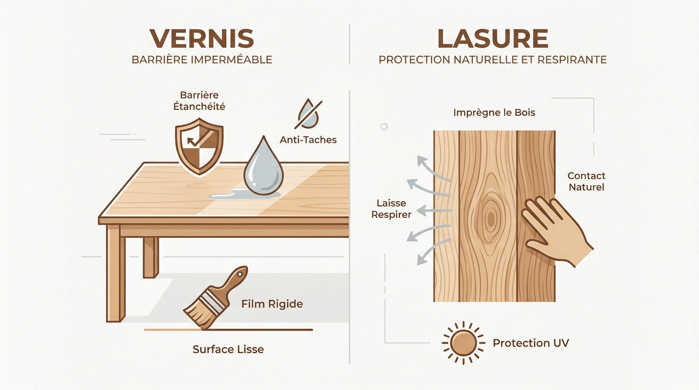 Comparaison visuelle entre le rendu brillant d'un vernis et l'aspect mat naturel d'une lasure sur du bois