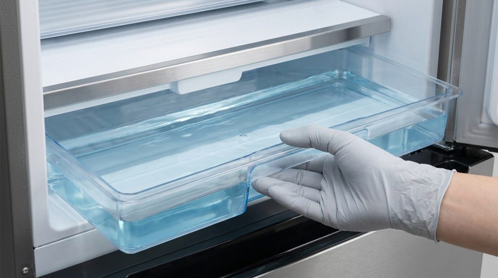 Une main gantée tire un tiroir en plastique transparent rempli d'eau situé à l'intérieur d'un réfrigérateur.