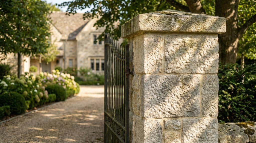 Pilier de portail en pierre rustique à l'entrée d'une allée menant à une maison en pierre traditionnelle.
