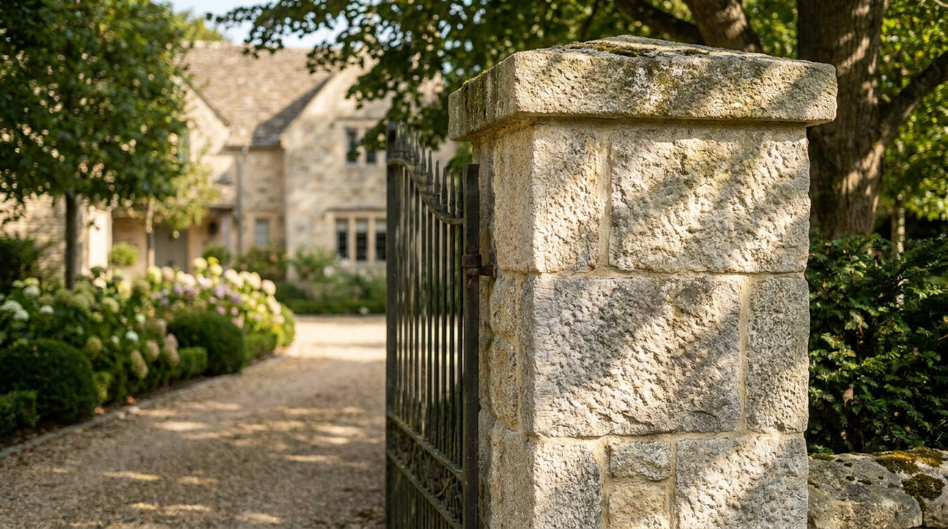 Pilier de portail en pierre rustique à l'entrée d'une allée menant à une maison en pierre traditionnelle.