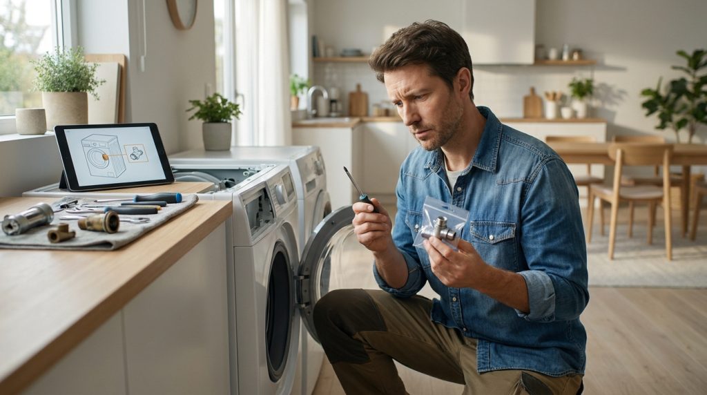 Un homme examine une pièce détachée métallique devant son lave-linge ouvert, avec un tutoriel sur une tablette.