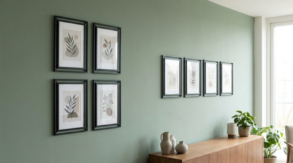 Quatre cadres noirs disposés en carré sur un mur vert sauge au-dessus d'un buffet en bois moderne.