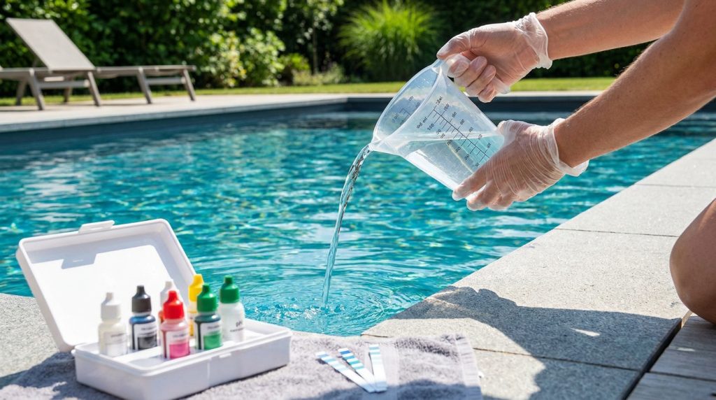 Une personne porte des gants et verse de l'acide chlorhydrique dans une piscine près d'un kit de test pH.