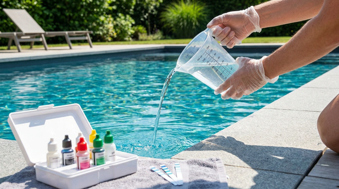 Une personne porte des gants et verse de l'acide chlorhydrique dans une piscine près d'un kit de test pH.