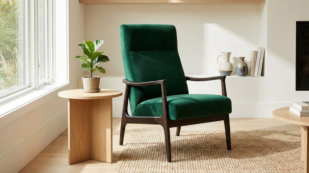 Un fauteuil voltaire moderne en velours vert émeraude avec des accoudoirs en bois sombre dans un salon lumineux.