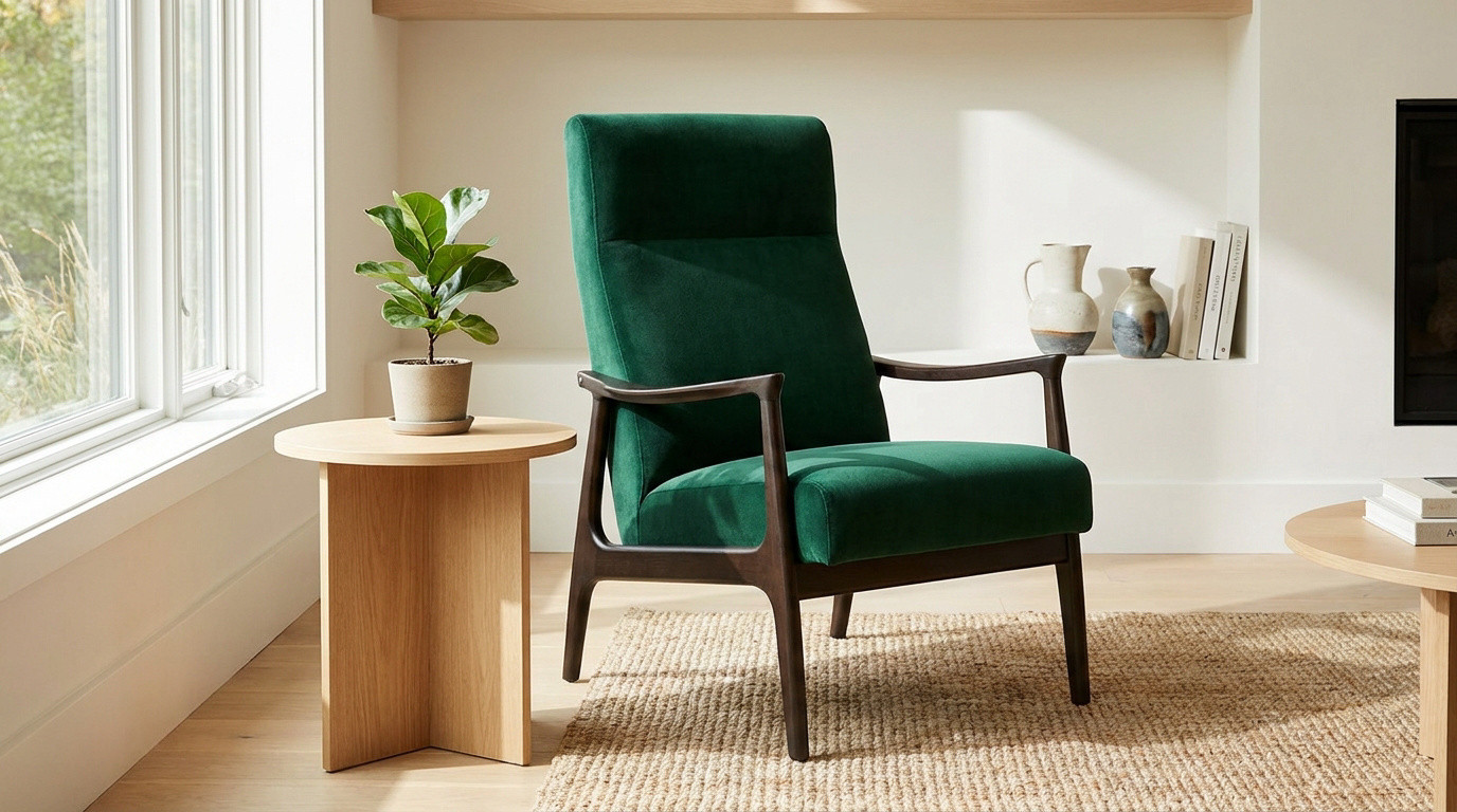 Un fauteuil voltaire moderne en velours vert émeraude avec des accoudoirs en bois sombre dans un salon lumineux.