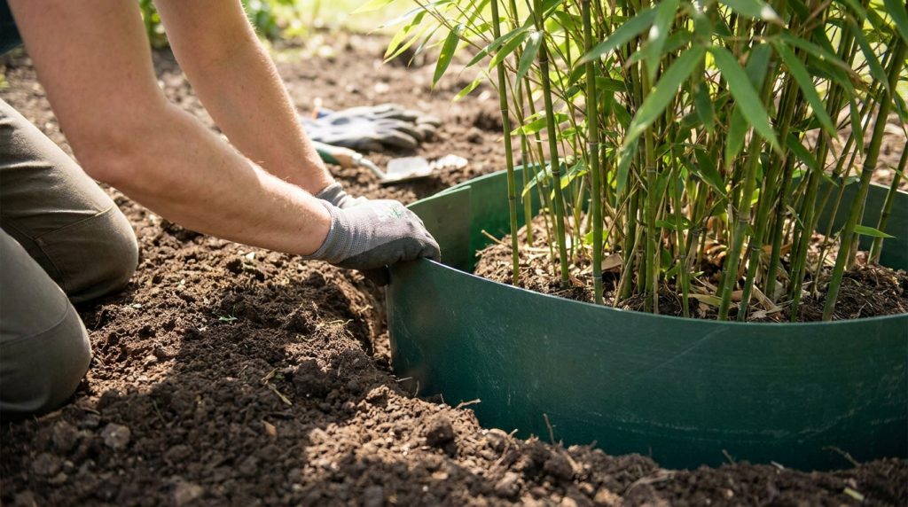 Un jardinier installe une barrière de protection verte autour de pieds de bambous dans le sol de son jardin.