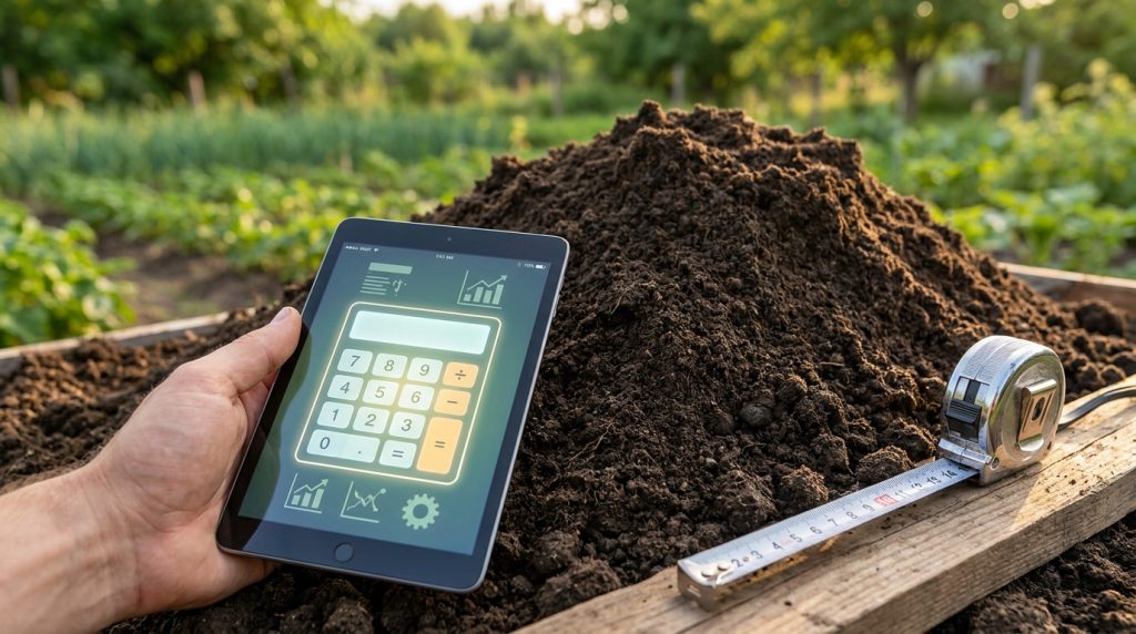 Une main tenant une tablette avec une application calculatrice devant un tas de terre et un mètre ruban au jardin.